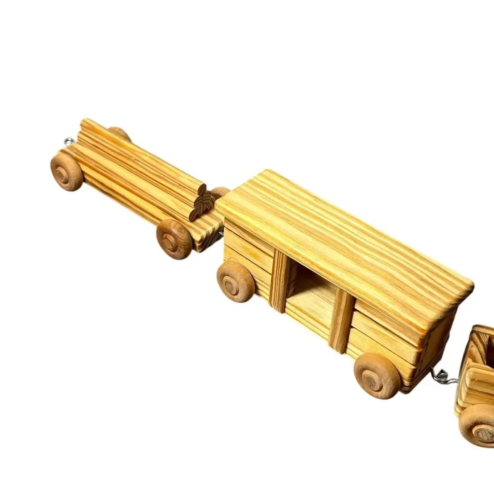 Wooden Train Set Kids Toy Wheeled Engine Cars Flatbed Caboose Wood Four Piece